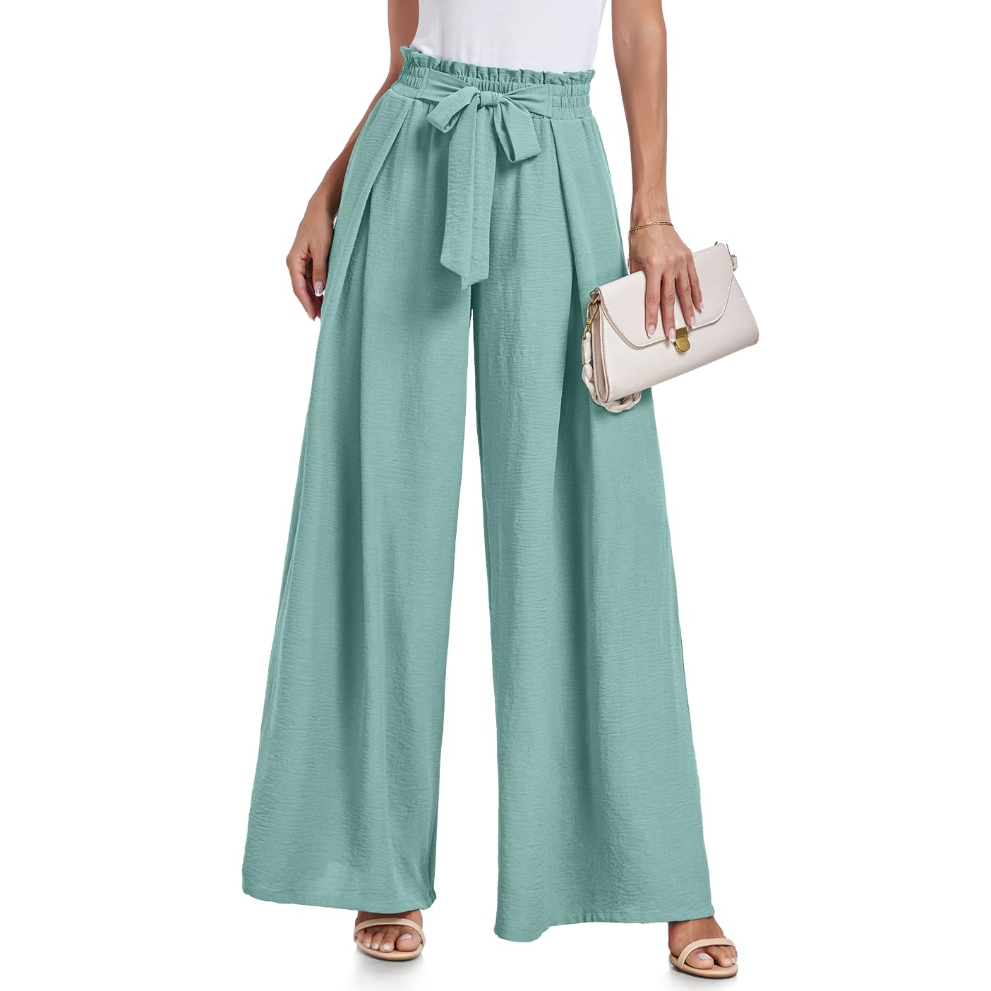 Lepunuo Wide Leg Pants for Women High Waisted Palazzo Pants Work Casual Flowy Tie Knot Trousers with Pockets