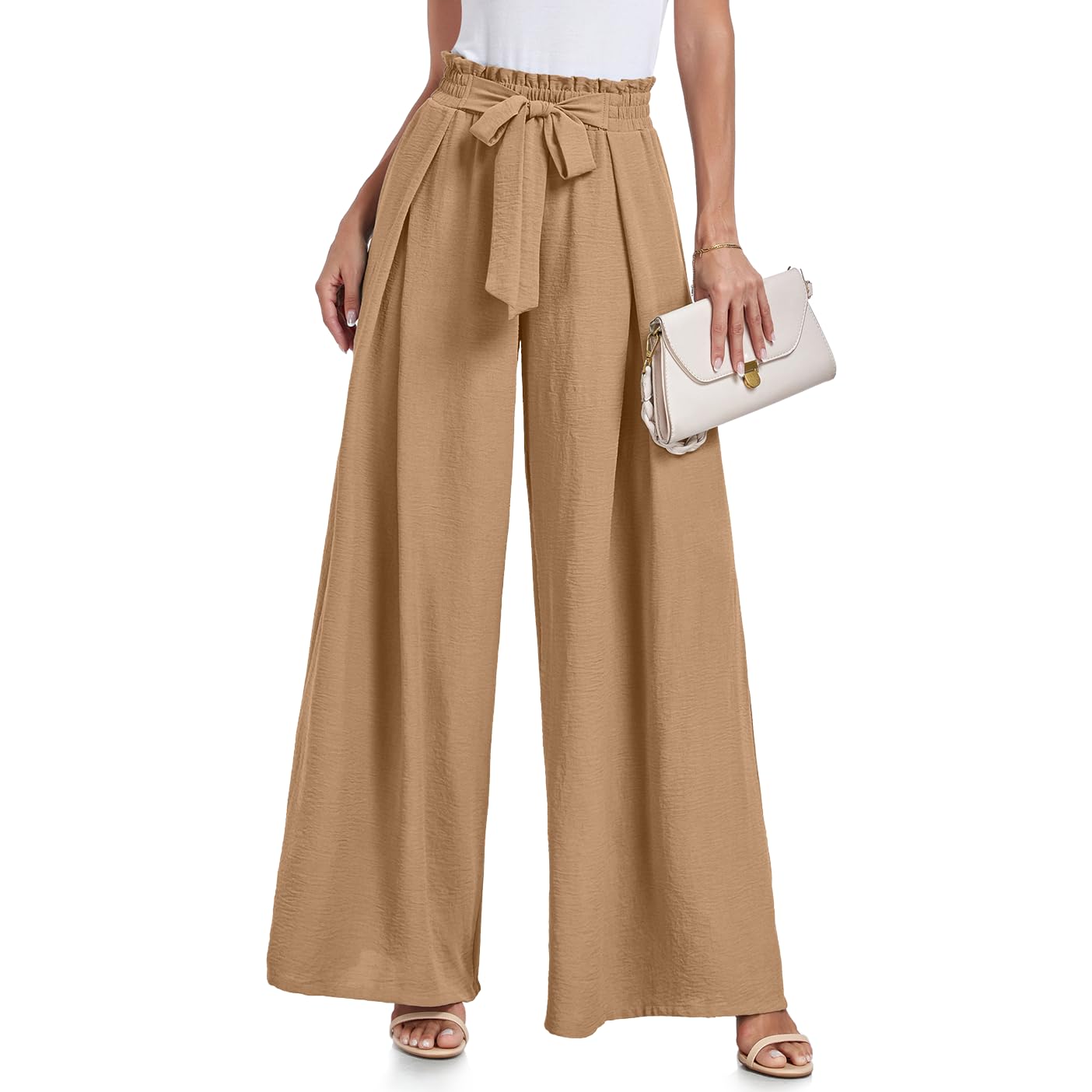 Lepunuo Wide Leg Pants for Women High Waisted Palazzo Pants Work Casual Flowy Tie Knot Trousers with Pockets