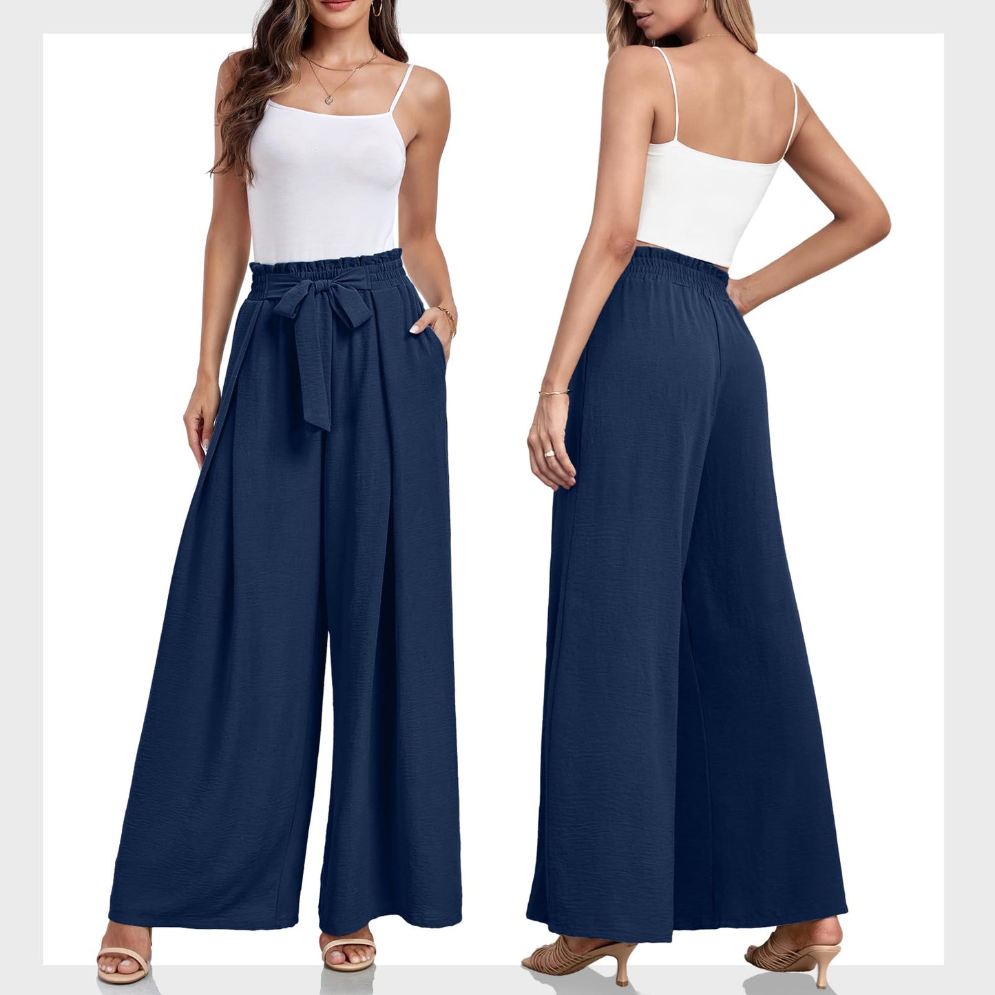 Lepunuo Wide Leg Pants for Women High Waisted Palazzo Pants Work Casual Flowy Tie Knot Trousers with Pockets