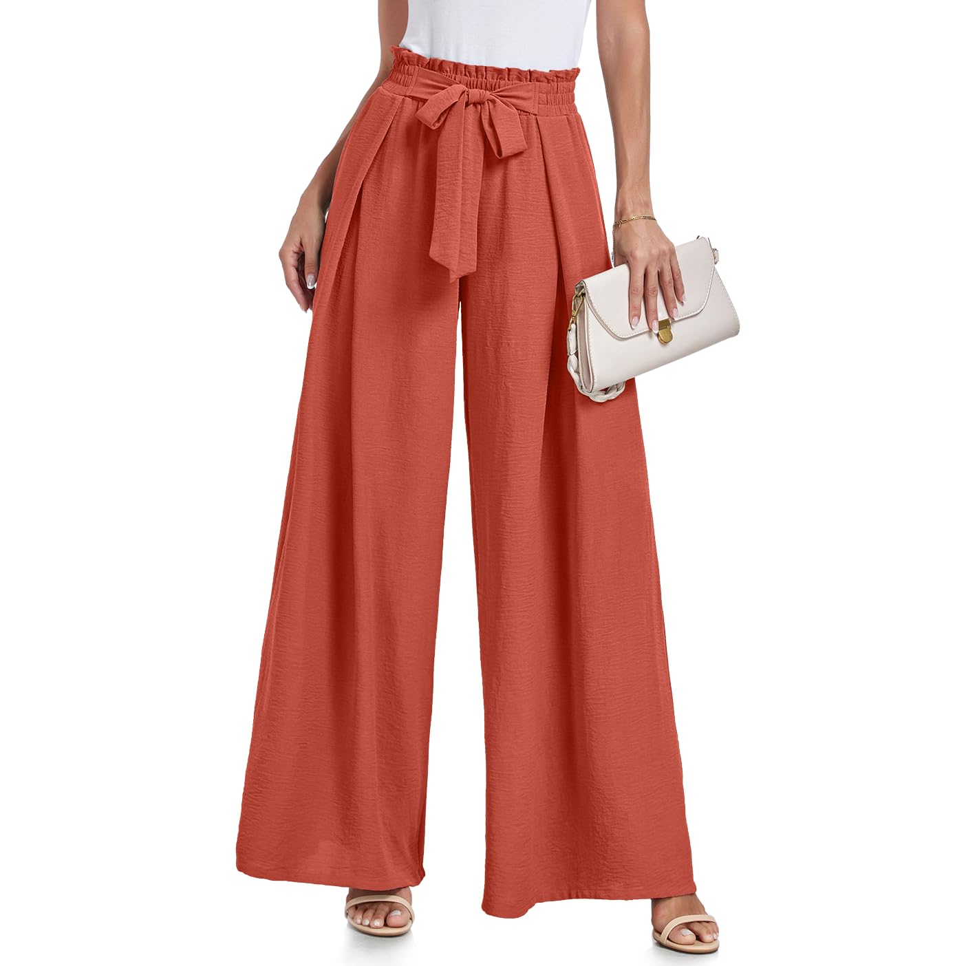 Lepunuo Wide Leg Pants for Women High Waisted Palazzo Pants Work Casual Flowy Tie Knot Trousers with Pockets