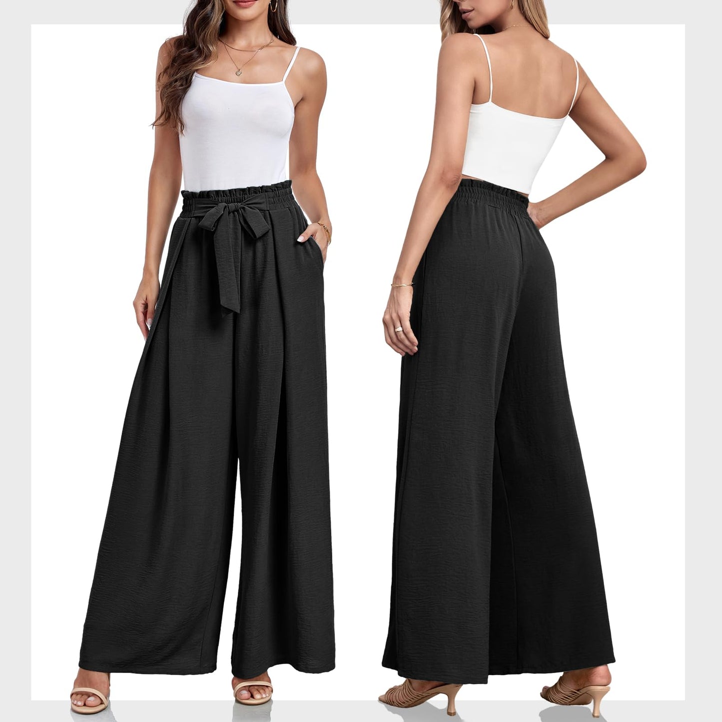 Lepunuo Wide Leg Pants for Women High Waisted Palazzo Pants Work Casual Flowy Tie Knot Trousers with Pockets