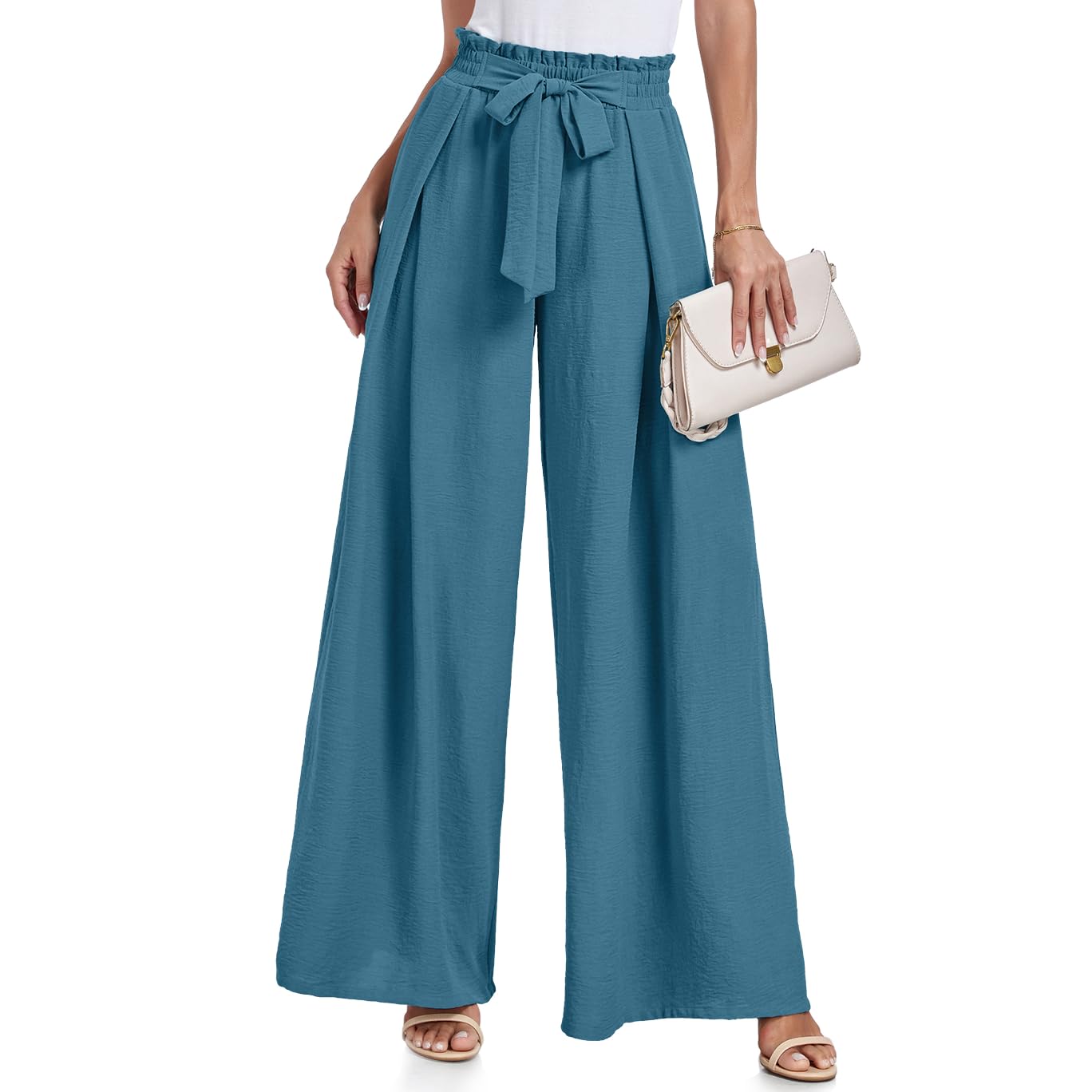 Lepunuo Wide Leg Pants for Women High Waisted Palazzo Pants Work Casual Flowy Tie Knot Trousers with Pockets