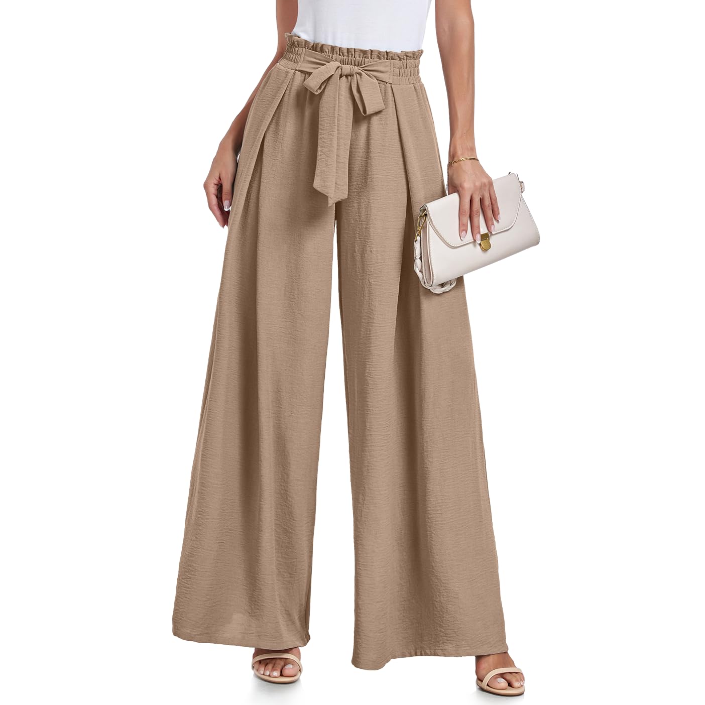 Lepunuo Wide Leg Pants for Women High Waisted Palazzo Pants Work Casual Flowy Tie Knot Trousers with Pockets