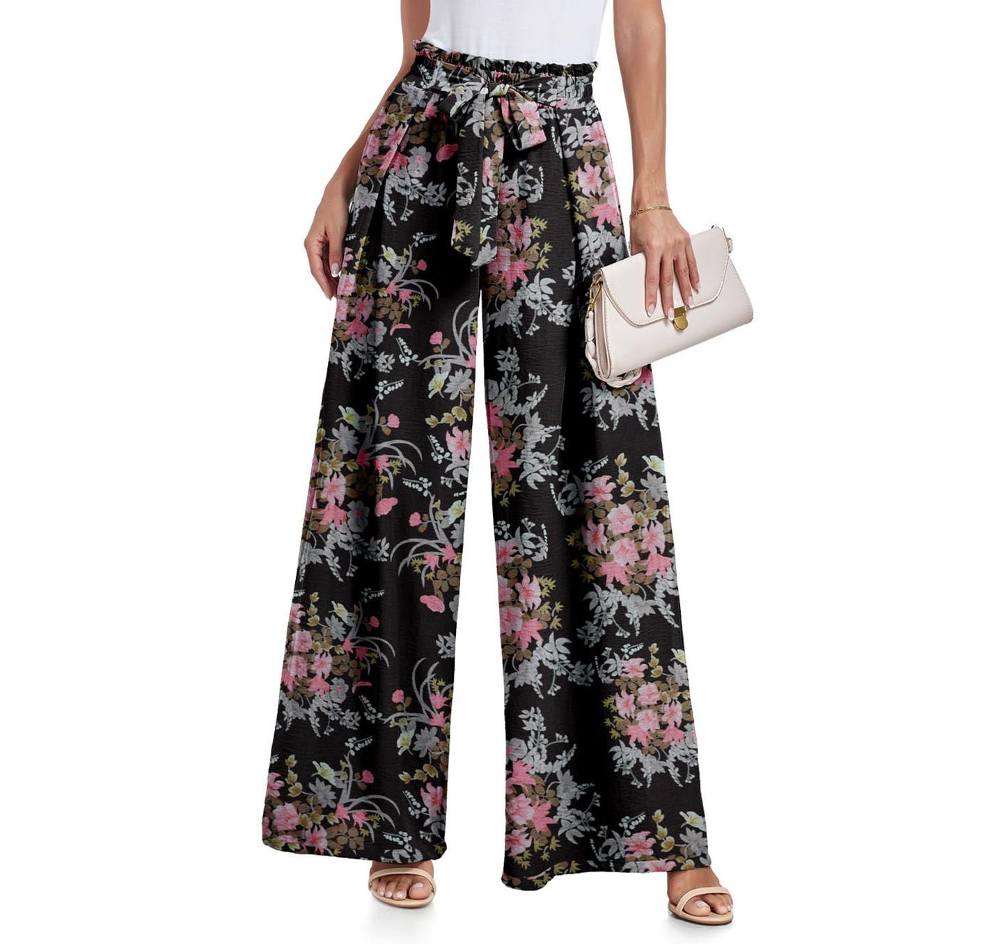 Lepunuo Wide Leg Pants for Women High Waisted Palazzo Pants Work Casual Flowy Tie Knot Trousers with Pockets