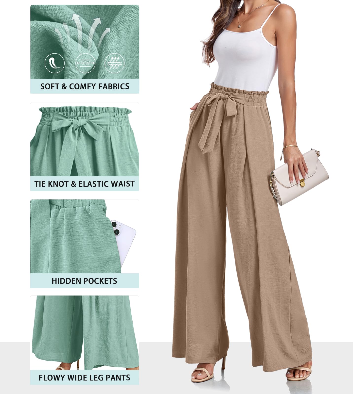 Lepunuo Wide Leg Pants for Women High Waisted Palazzo Pants Work Casual Flowy Tie Knot Trousers with Pockets