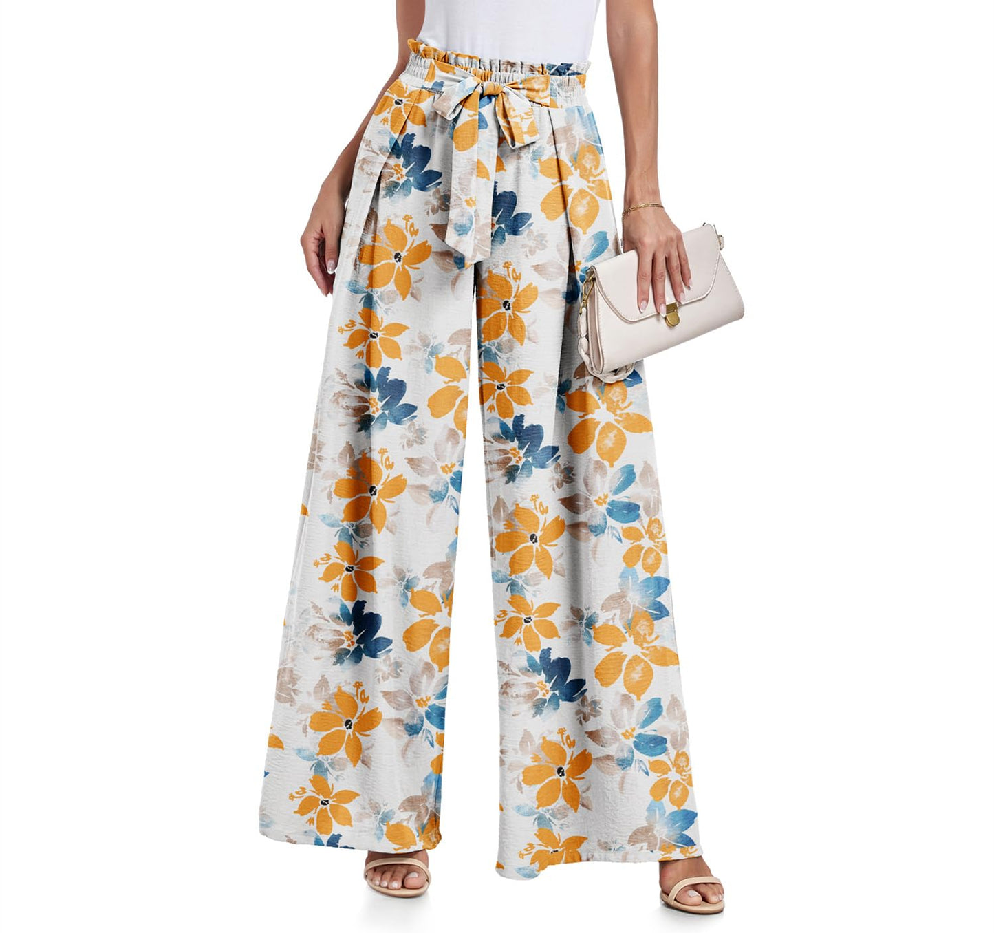 Lepunuo Wide Leg Pants for Women High Waisted Palazzo Pants Work Casual Flowy Tie Knot Trousers with Pockets