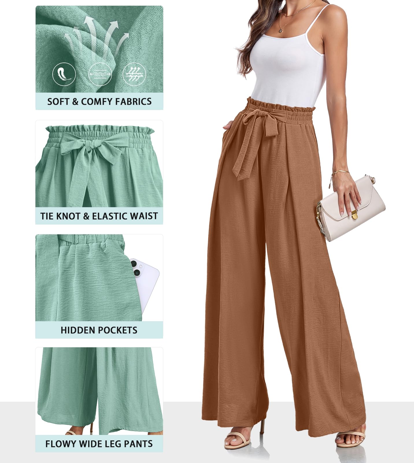 Lepunuo Wide Leg Pants for Women High Waisted Palazzo Pants Work Casual Flowy Tie Knot Trousers with Pockets