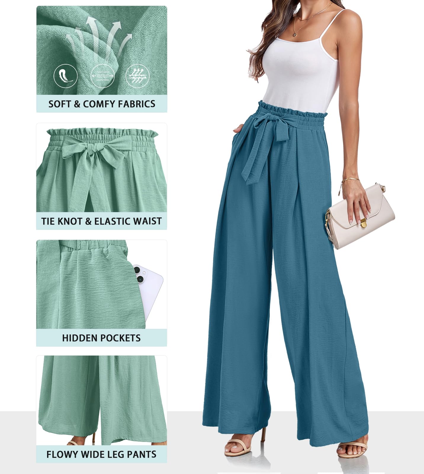 Lepunuo Wide Leg Pants for Women High Waisted Palazzo Pants Work Casual Flowy Tie Knot Trousers with Pockets