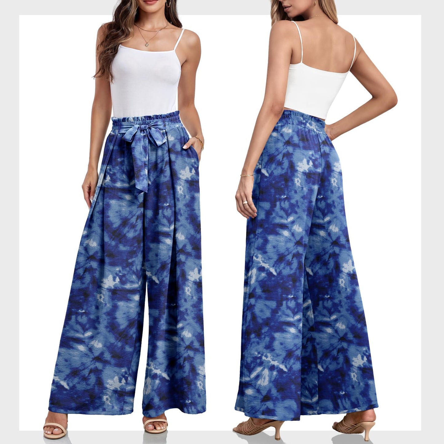 Lepunuo Wide Leg Pants for Women High Waisted Palazzo Pants Work Casual Flowy Tie Knot Trousers with Pockets