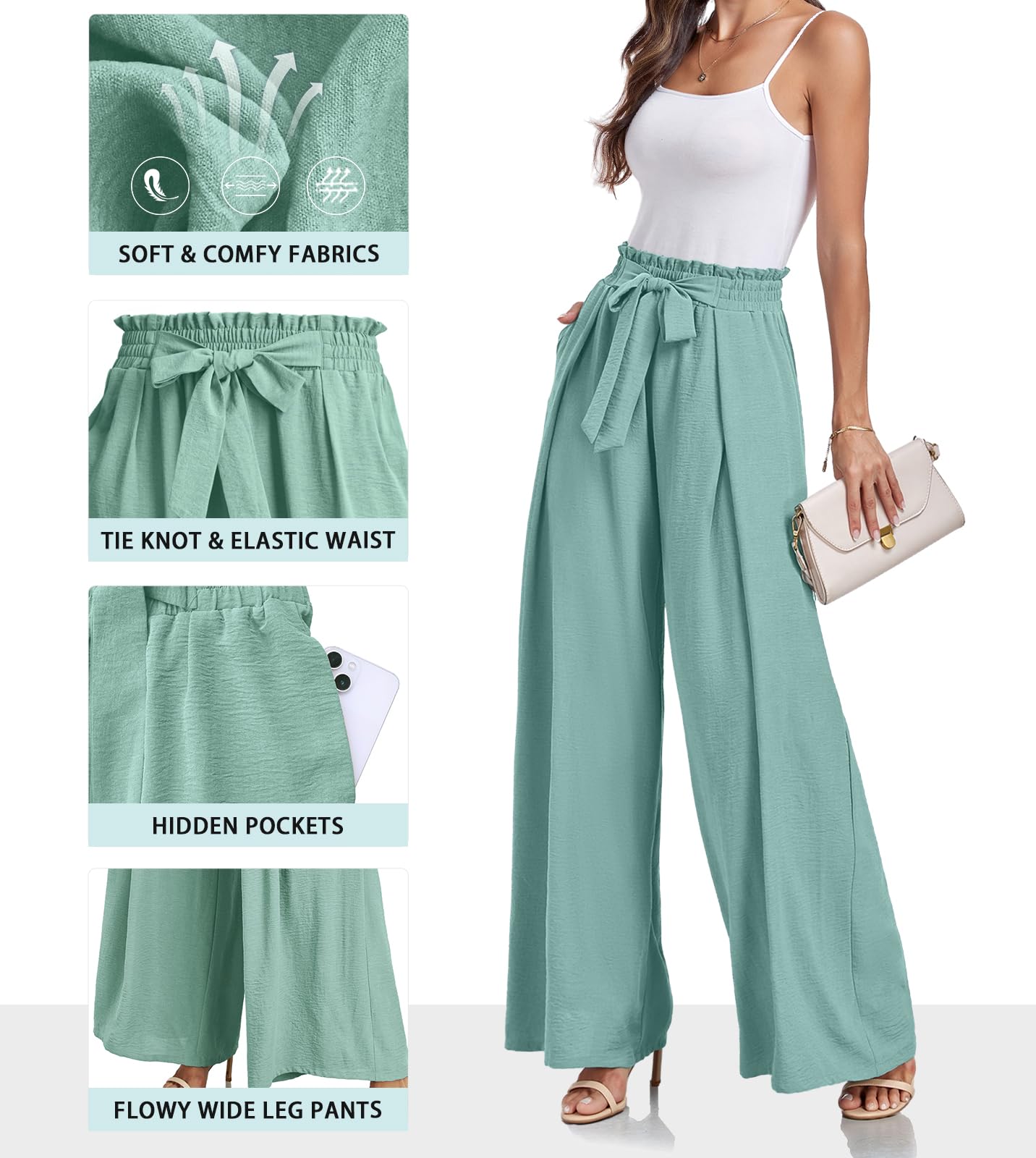 Lepunuo Wide Leg Pants for Women High Waisted Palazzo Pants Work Casual Flowy Tie Knot Trousers with Pockets