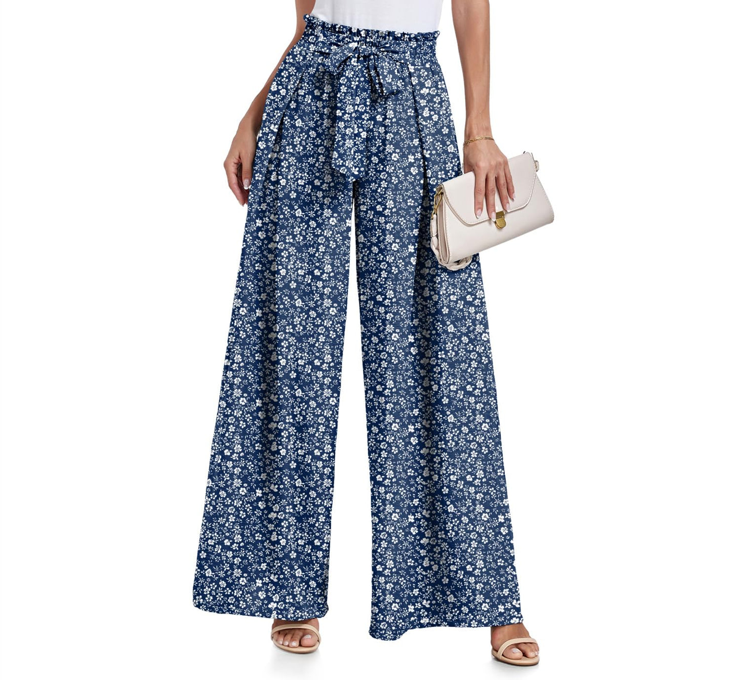 Lepunuo Wide Leg Pants for Women High Waisted Palazzo Pants Work Casual Flowy Tie Knot Trousers with Pockets