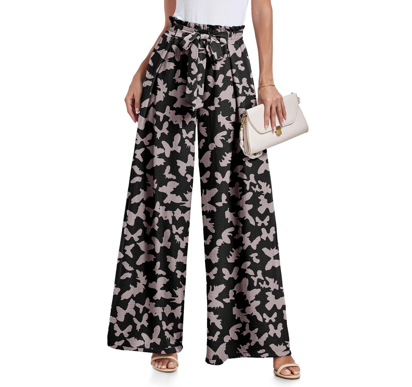 Lepunuo Wide Leg Pants for Women High Waisted Palazzo Pants Work Casual Flowy Tie Knot Trousers with Pockets