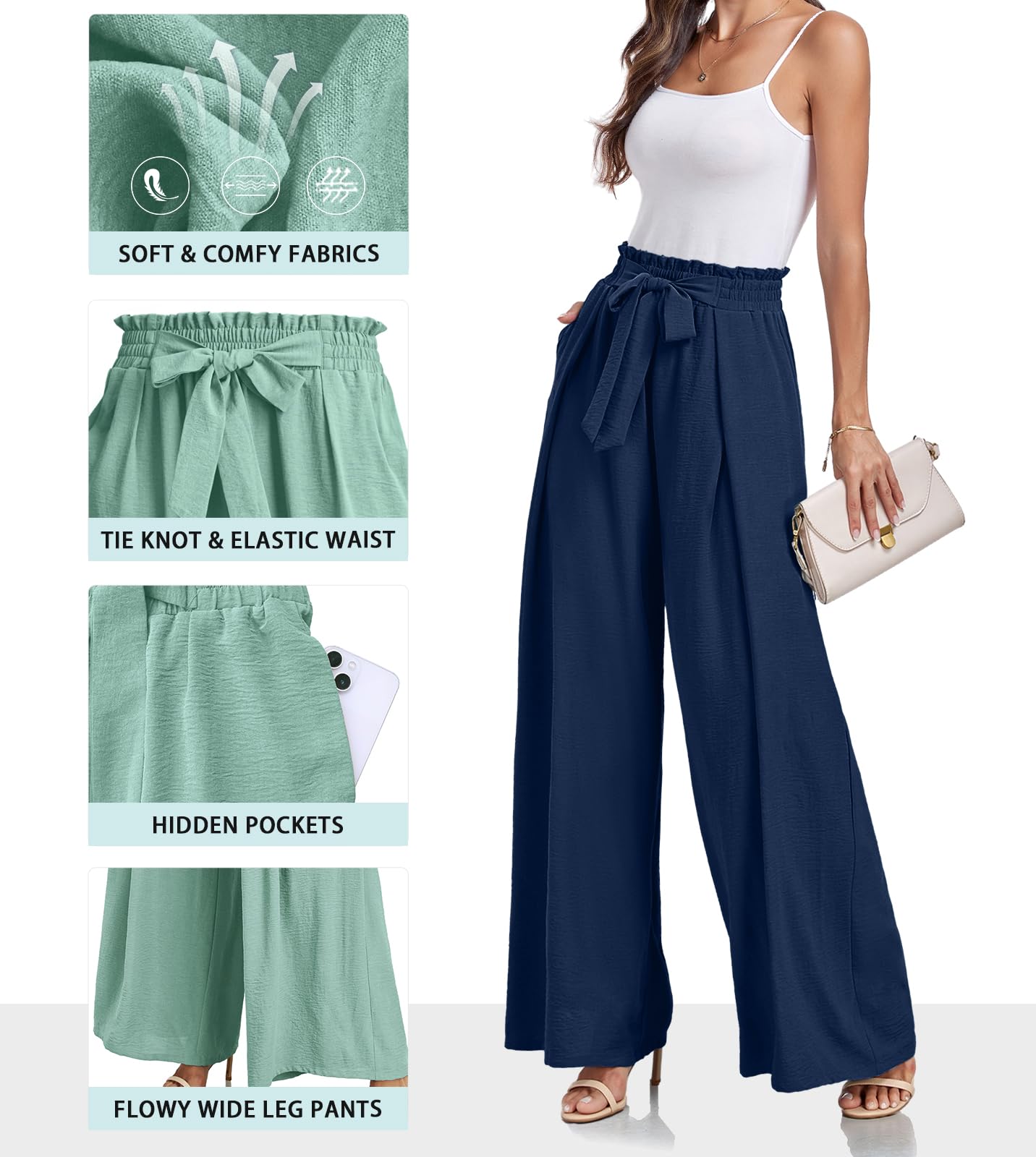 Lepunuo Wide Leg Pants for Women High Waisted Palazzo Pants Work Casual Flowy Tie Knot Trousers with Pockets