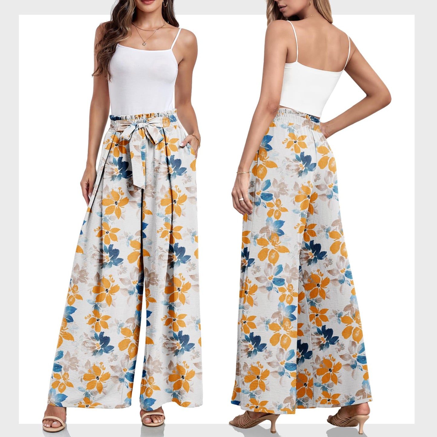 Lepunuo Wide Leg Pants for Women High Waisted Palazzo Pants Work Casual Flowy Tie Knot Trousers with Pockets