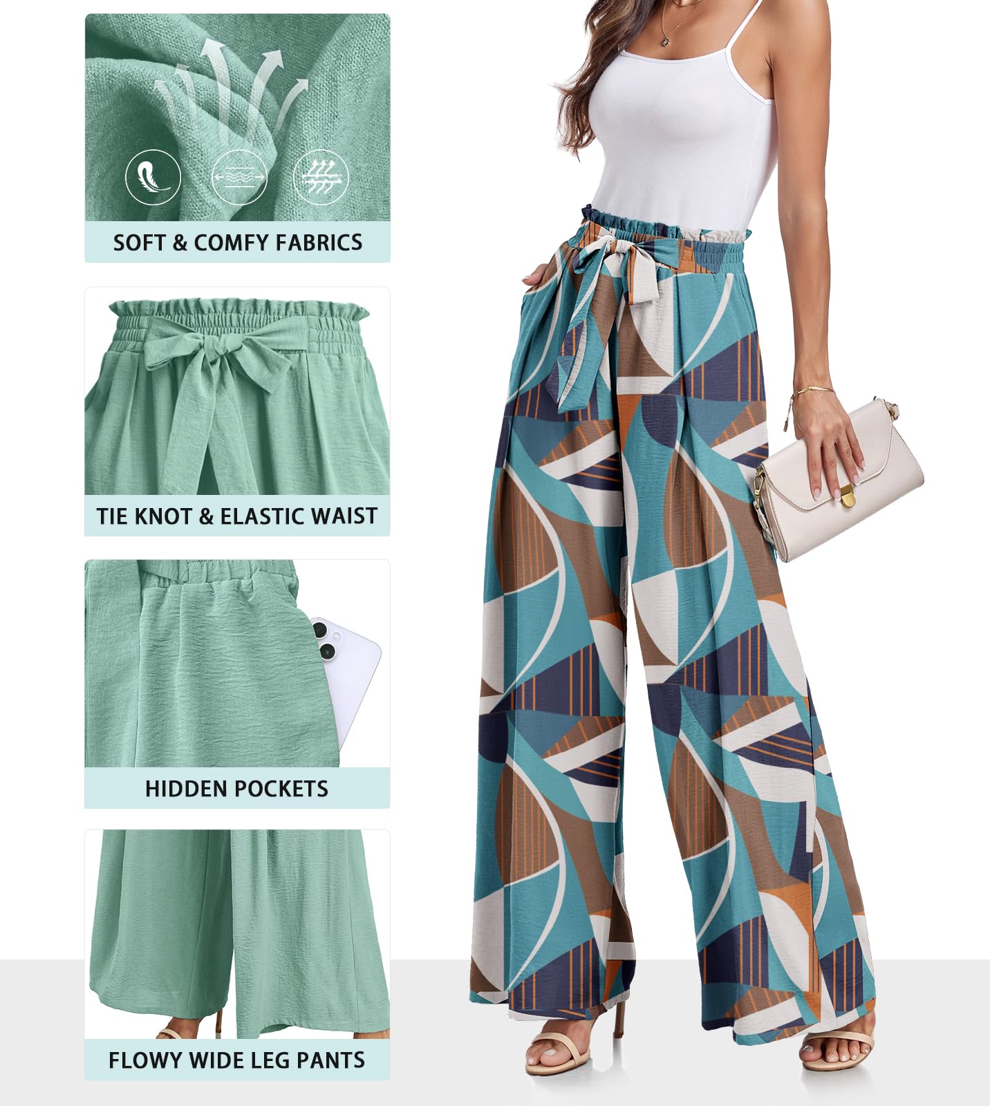 Lepunuo Wide Leg Pants for Women High Waisted Palazzo Pants Work Casual Flowy Tie Knot Trousers with Pockets