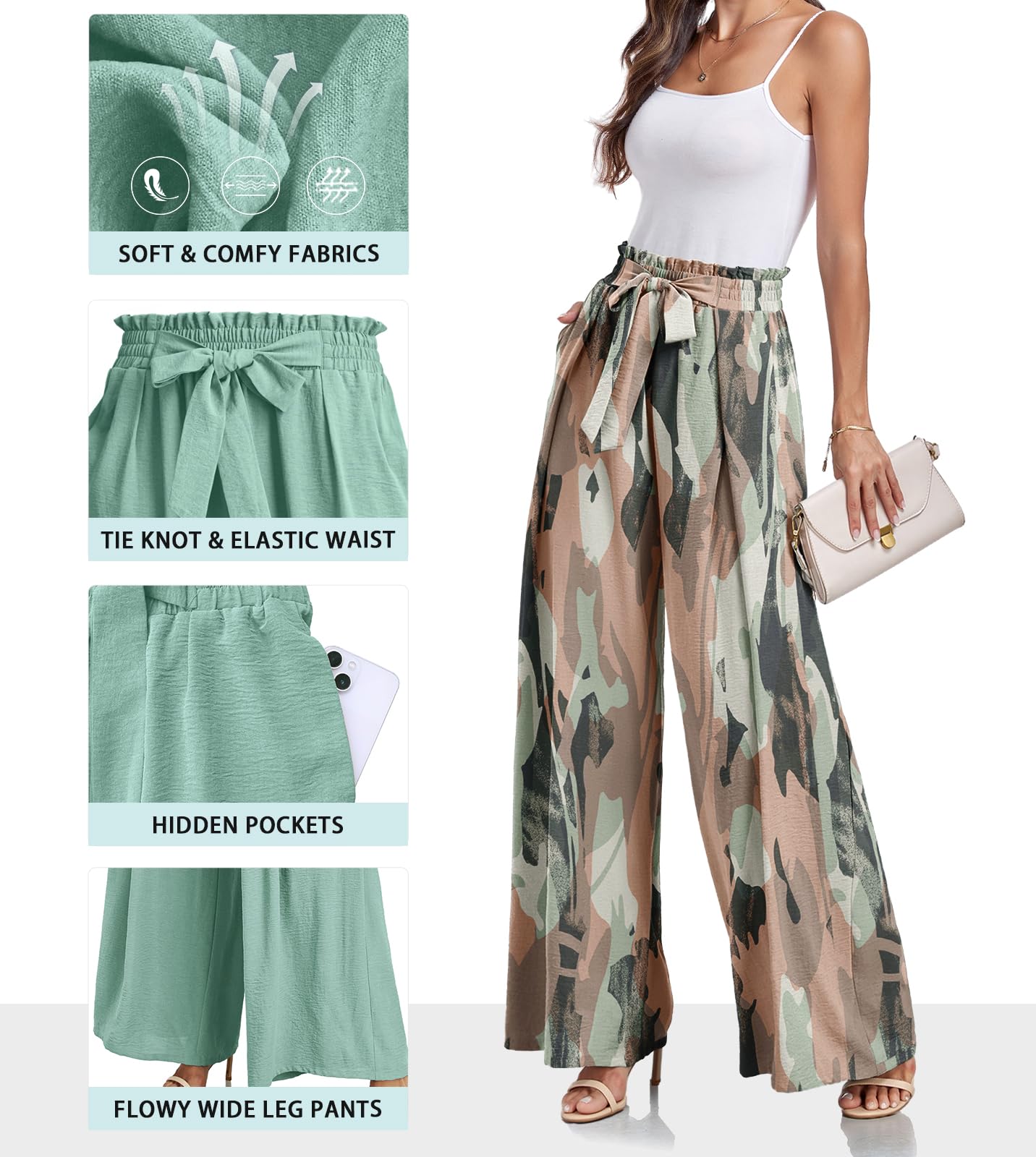Lepunuo Wide Leg Pants for Women High Waisted Palazzo Pants Work Casual Flowy Tie Knot Trousers with Pockets