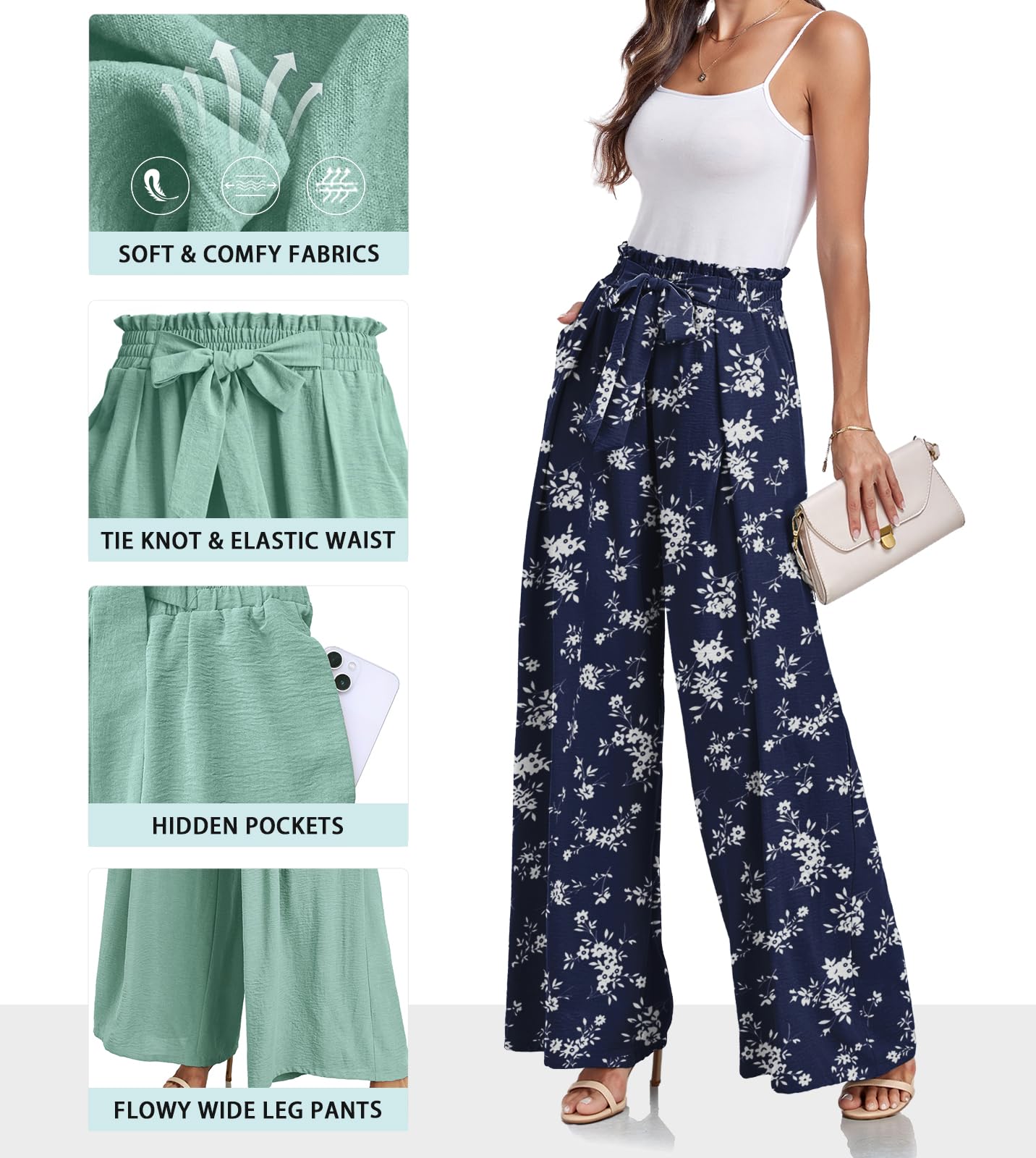 Lepunuo Wide Leg Pants for Women High Waisted Palazzo Pants Work Casual Flowy Tie Knot Trousers with Pockets
