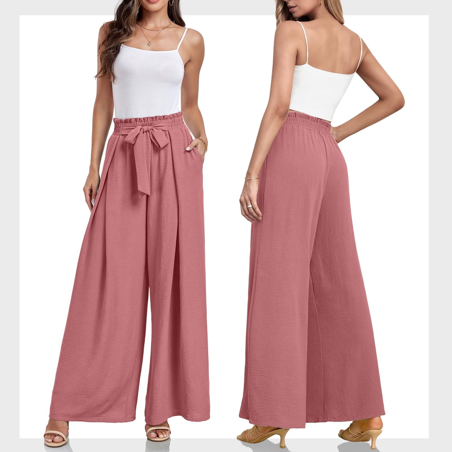 Lepunuo Wide Leg Pants for Women High Waisted Palazzo Pants Work Casual Flowy Tie Knot Trousers with Pockets