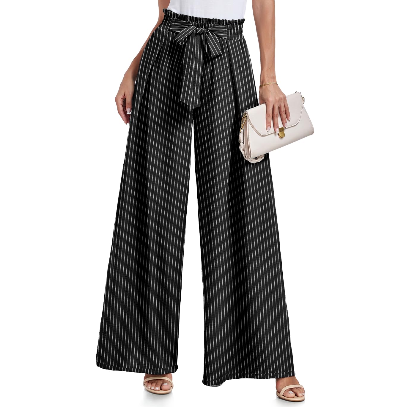 Lepunuo Wide Leg Pants for Women High Waisted Palazzo Pants Work Casual Flowy Tie Knot Trousers with Pockets