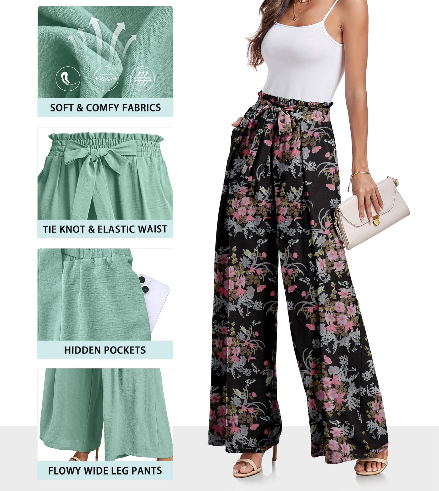 Lepunuo Wide Leg Pants for Women High Waisted Palazzo Pants Work Casual Flowy Tie Knot Trousers with Pockets