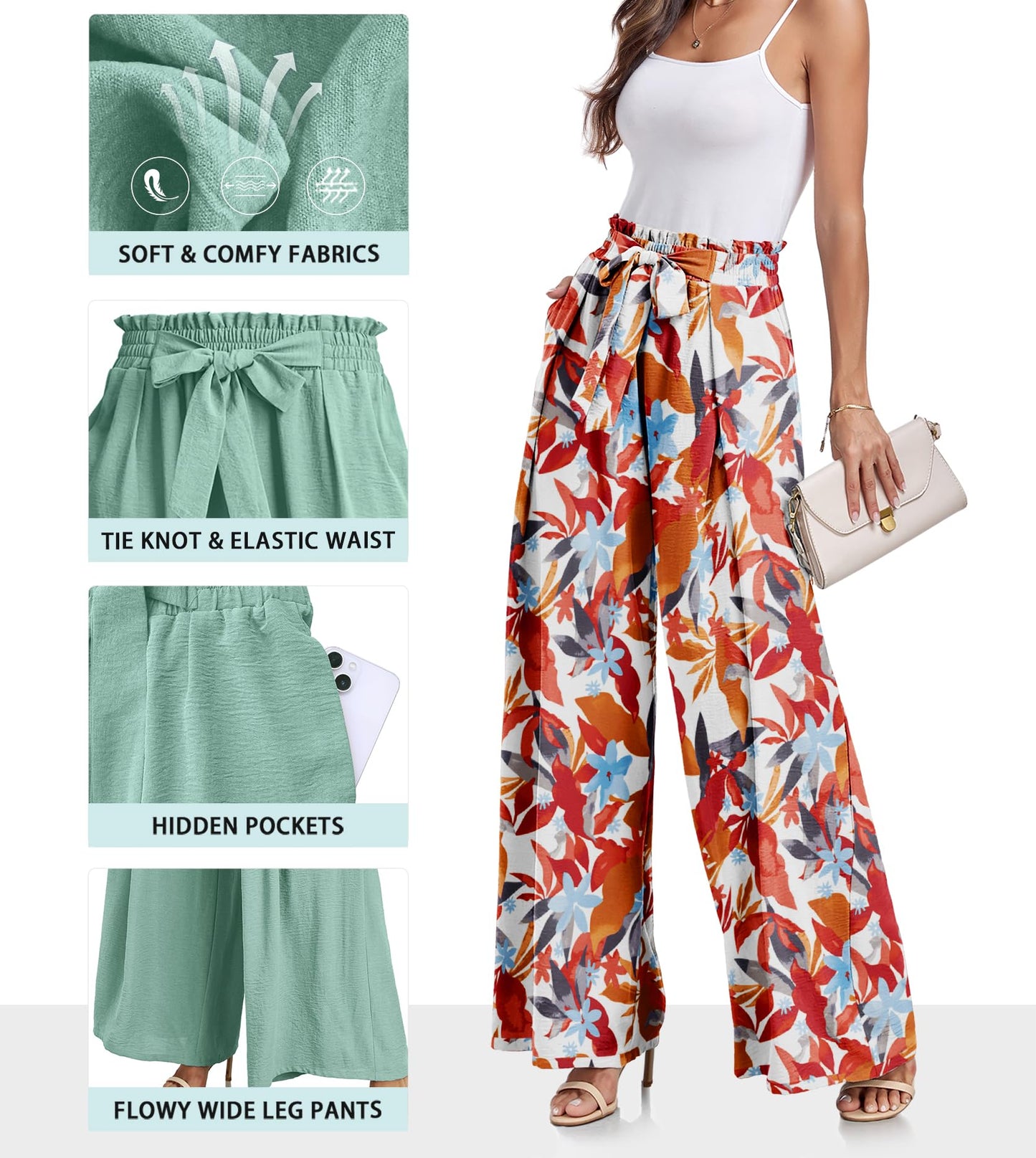 Lepunuo Wide Leg Pants for Women High Waisted Palazzo Pants Work Casual Flowy Tie Knot Trousers with Pockets
