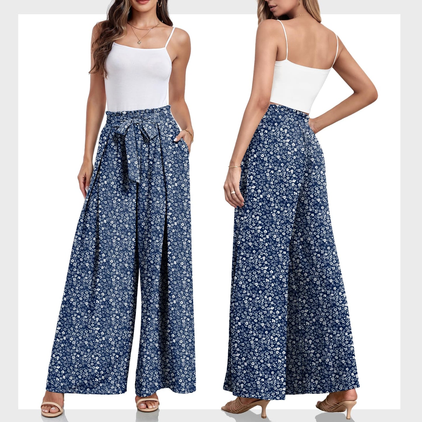 Lepunuo Wide Leg Pants for Women High Waisted Palazzo Pants Work Casual Flowy Tie Knot Trousers with Pockets