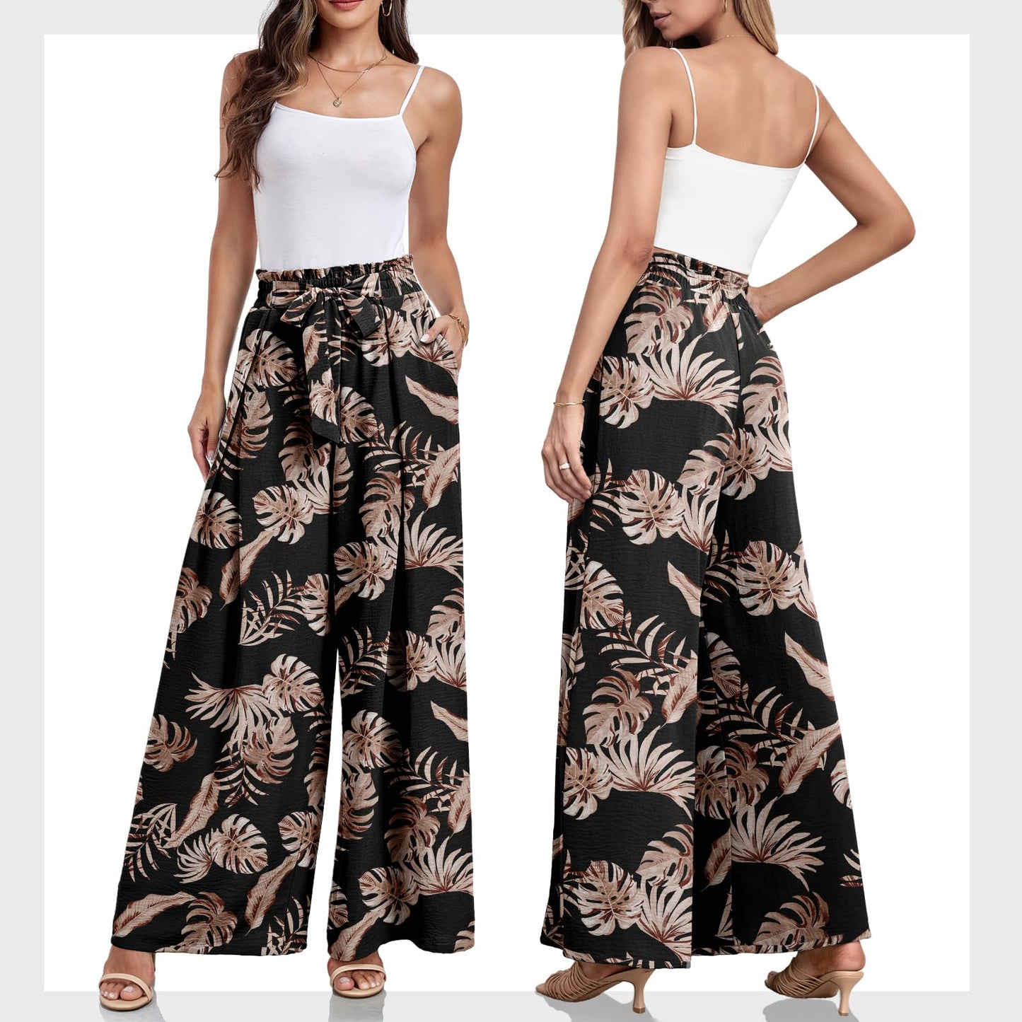 Lepunuo Wide Leg Pants for Women High Waisted Palazzo Pants Work Casual Flowy Tie Knot Trousers with Pockets