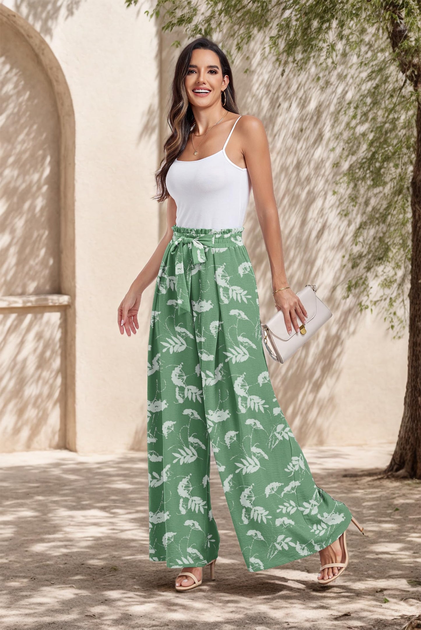Lepunuo Wide Leg Pants for Women High Waisted Palazzo Pants Work Casual Flowy Tie Knot Trousers with Pockets