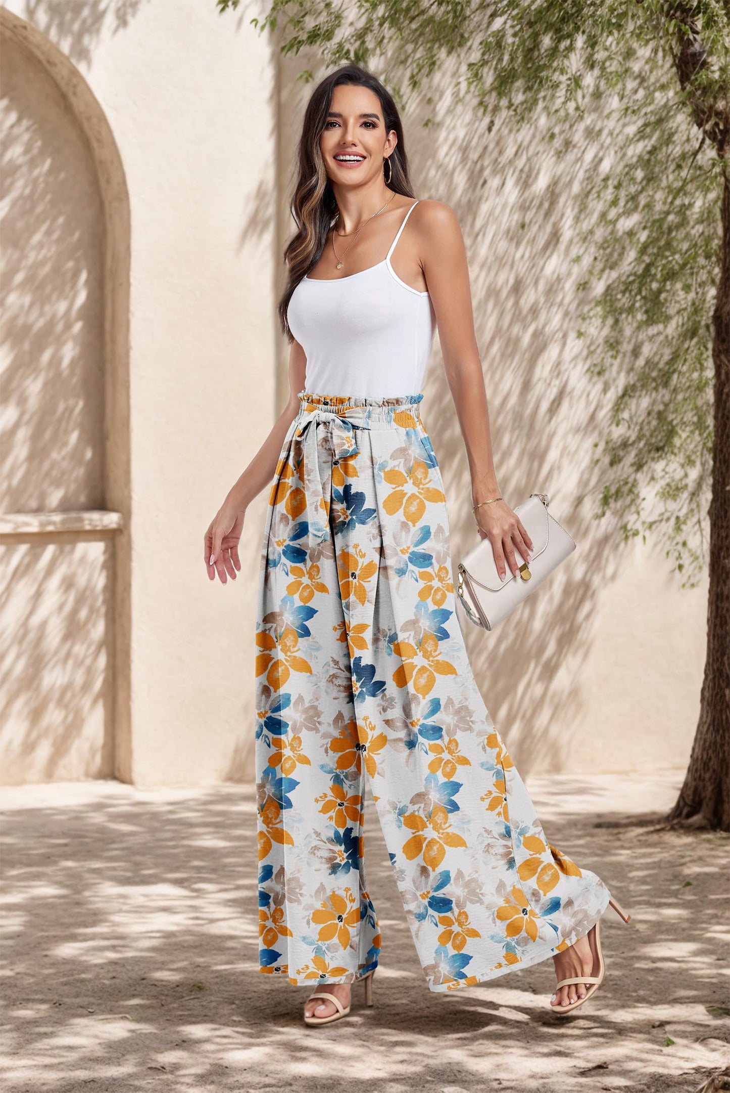 Lepunuo Wide Leg Pants for Women High Waisted Palazzo Pants Work Casual Flowy Tie Knot Trousers with Pockets