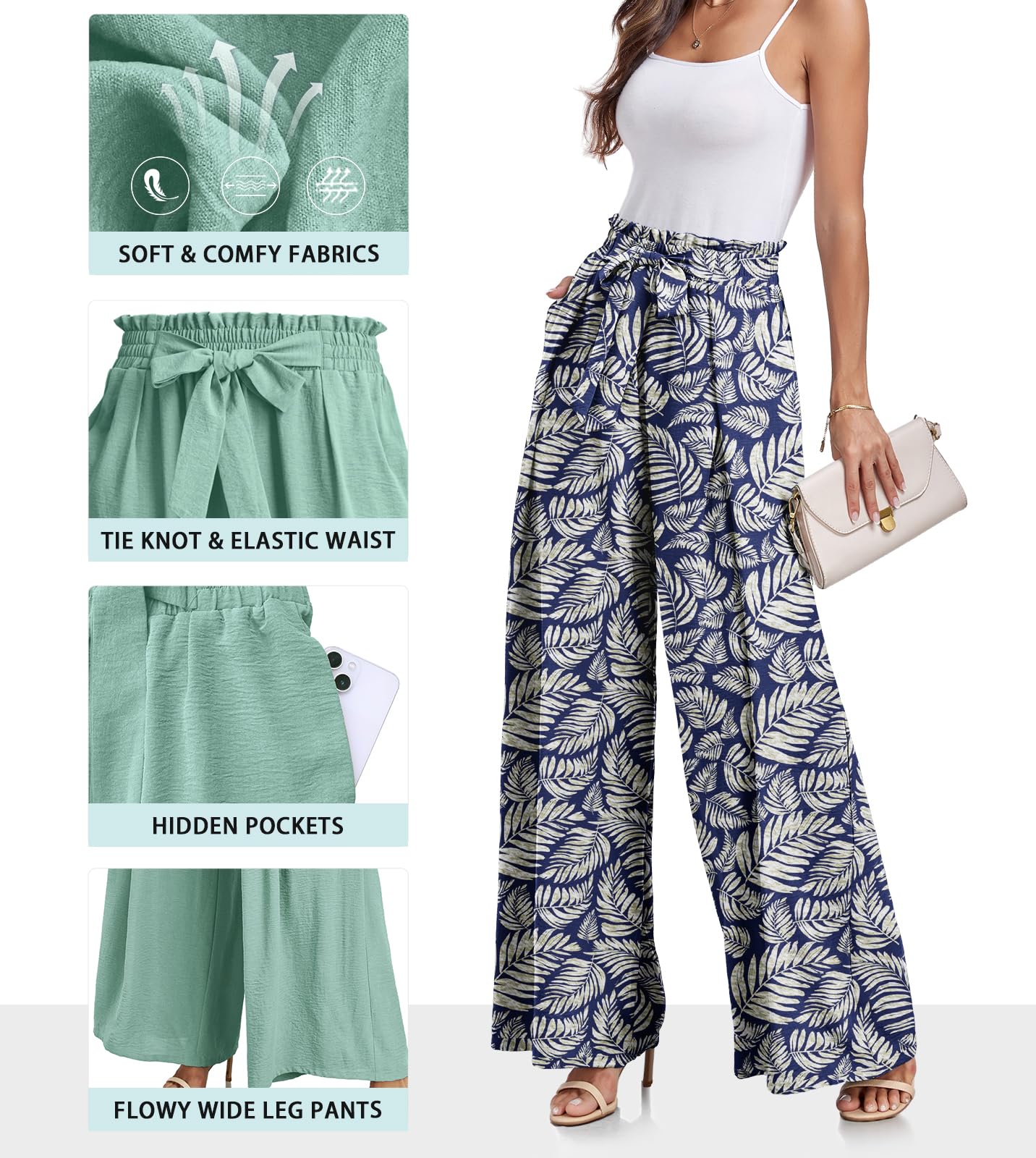 Lepunuo Wide Leg Pants for Women High Waisted Palazzo Pants Work Casual Flowy Tie Knot Trousers with Pockets