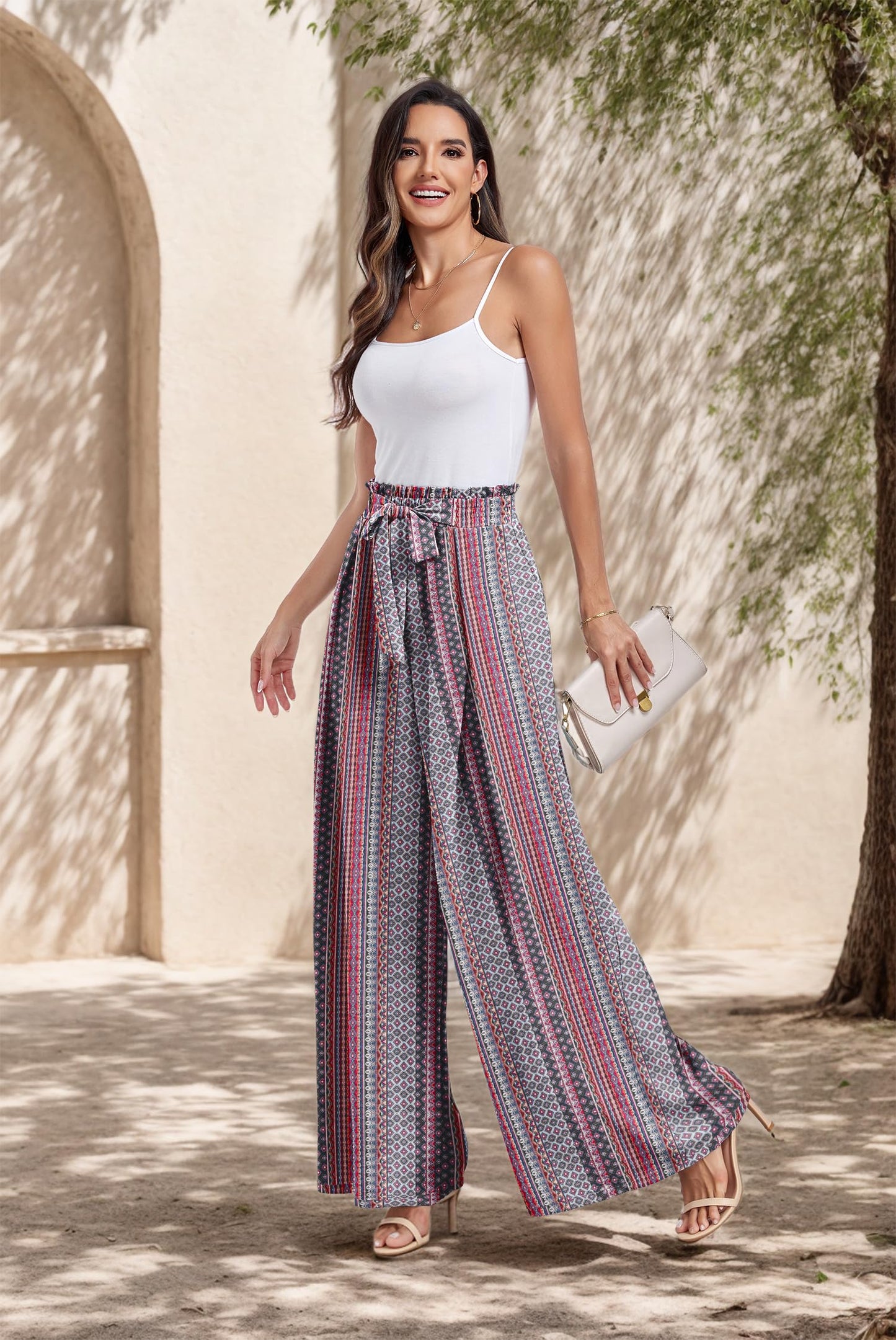 Lepunuo Wide Leg Pants for Women High Waisted Palazzo Pants Work Casual Flowy Tie Knot Trousers with Pockets