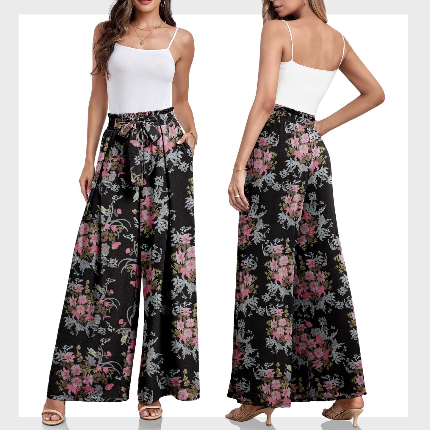 Lepunuo Wide Leg Pants for Women High Waisted Palazzo Pants Work Casual Flowy Tie Knot Trousers with Pockets