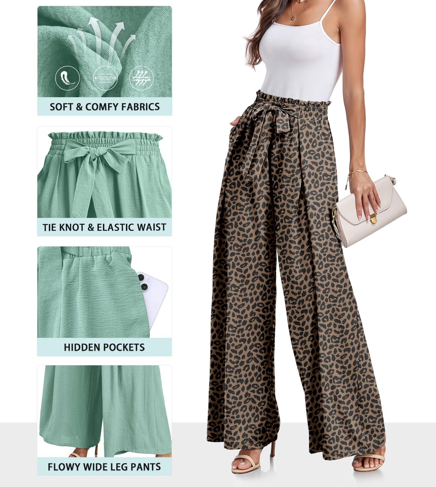 Lepunuo Wide Leg Pants for Women High Waisted Palazzo Pants Work Casual Flowy Tie Knot Trousers with Pockets